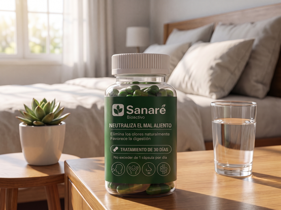 Frasco de Sanaré Bioactivo sobre la mesita de luz, junto a un vaso de agua